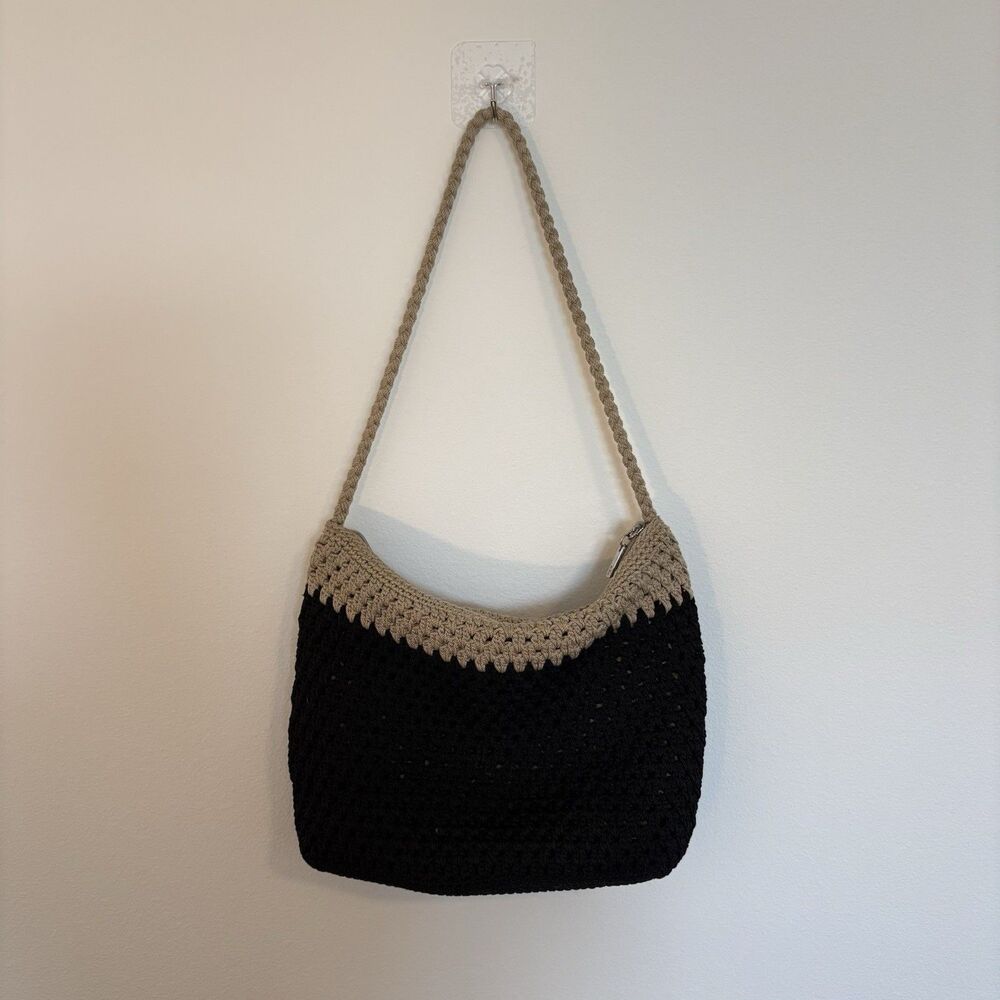 Vintage The Sak Crochet Hobo Tote Bag Black Tan Boho Slouchy Knit Shoulder Purse